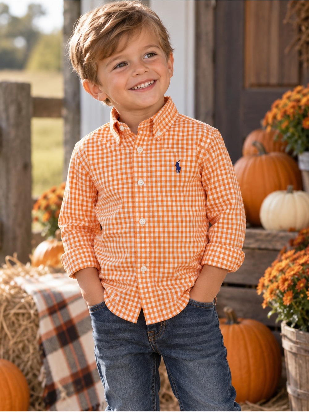 Ralph Lauren Boys Gingham Button Down Shirt 3T Orange White Pony Preppy
